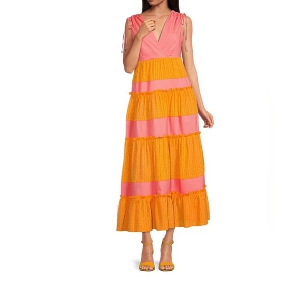 LDT Daphne Tie Shoulder Tiered Color Block Surplice V-Neck Drawstring Maxi Dress - Picture 2 of 11